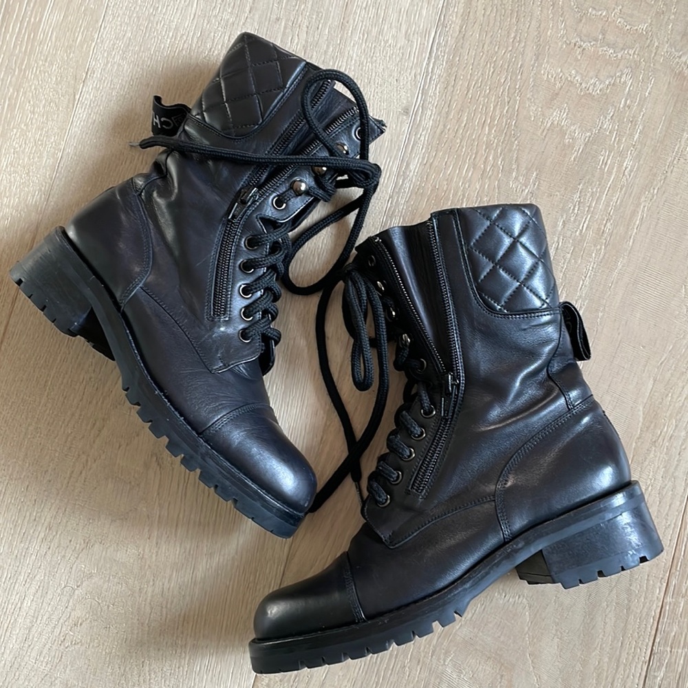 CHANEL Black Quilted Combat Boots. Size 36.
